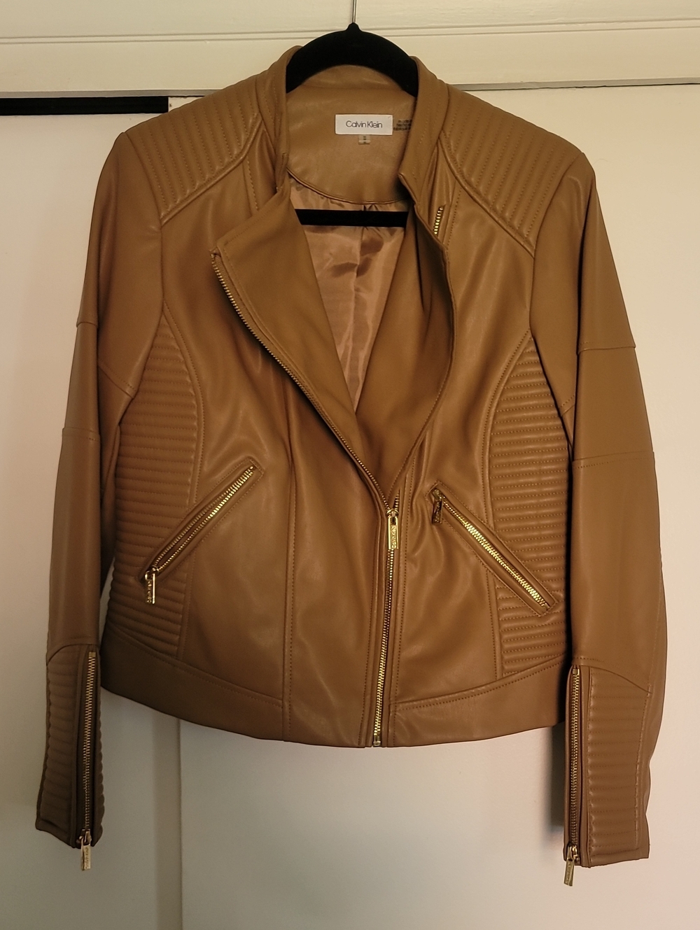 Calvin Klein Women's Camel Tan Faux Leather Moto Jacket